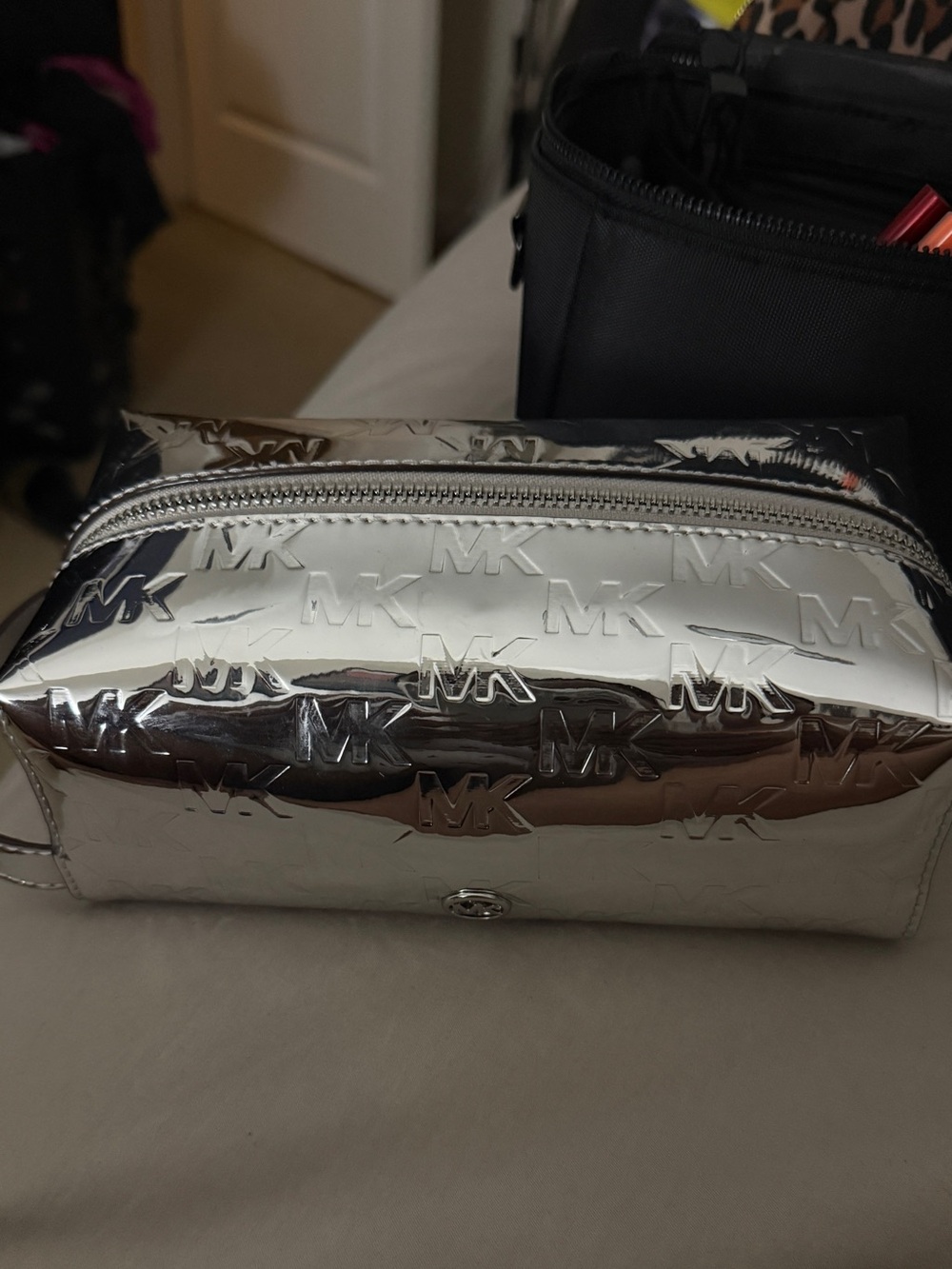 Michael Kors Silver MK Embossed Toiletry Bag